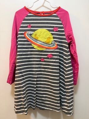 Mini Boden Pink and Gray Striped Planet Appliqué Dress